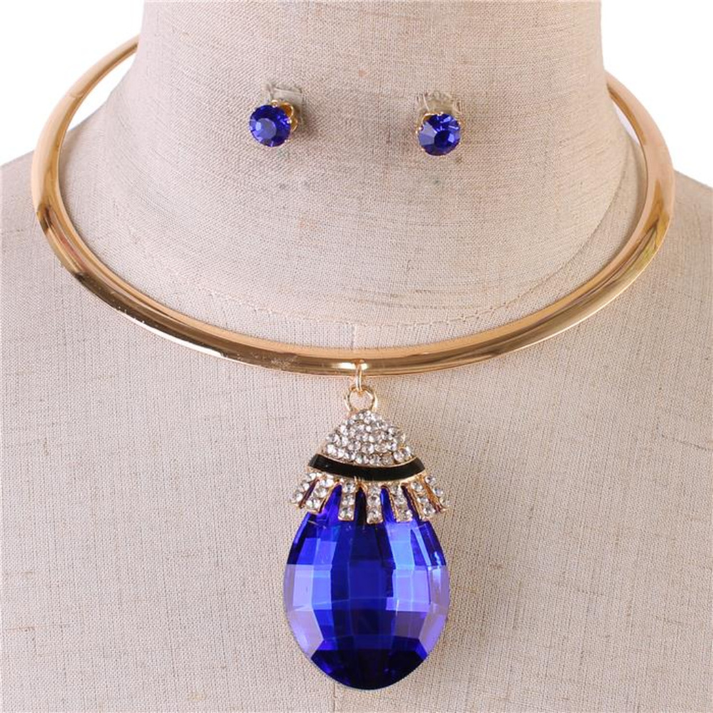 Royal Blue Crystal Tear Choker Necklace Earring